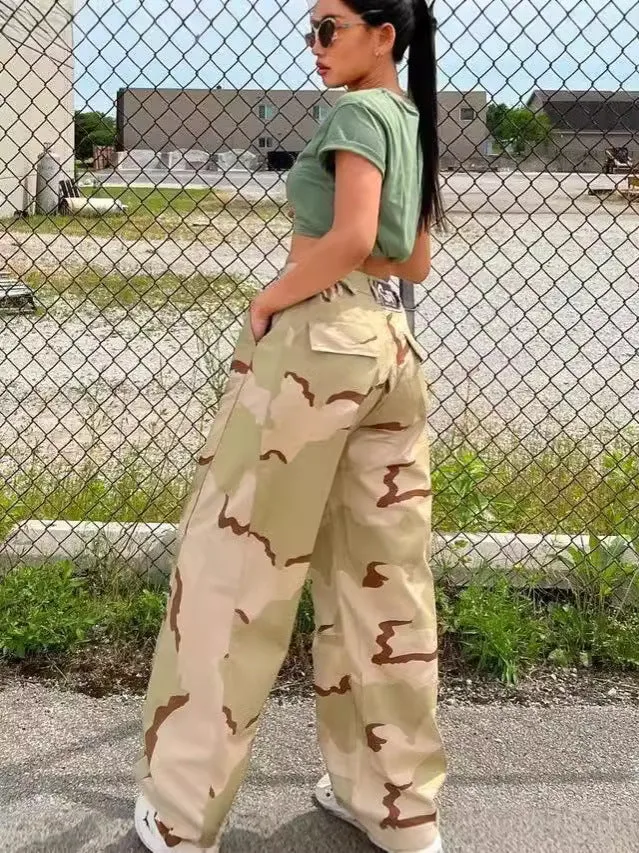 Retro Camouflage Wide-Leg High-Waist Cargo Pants