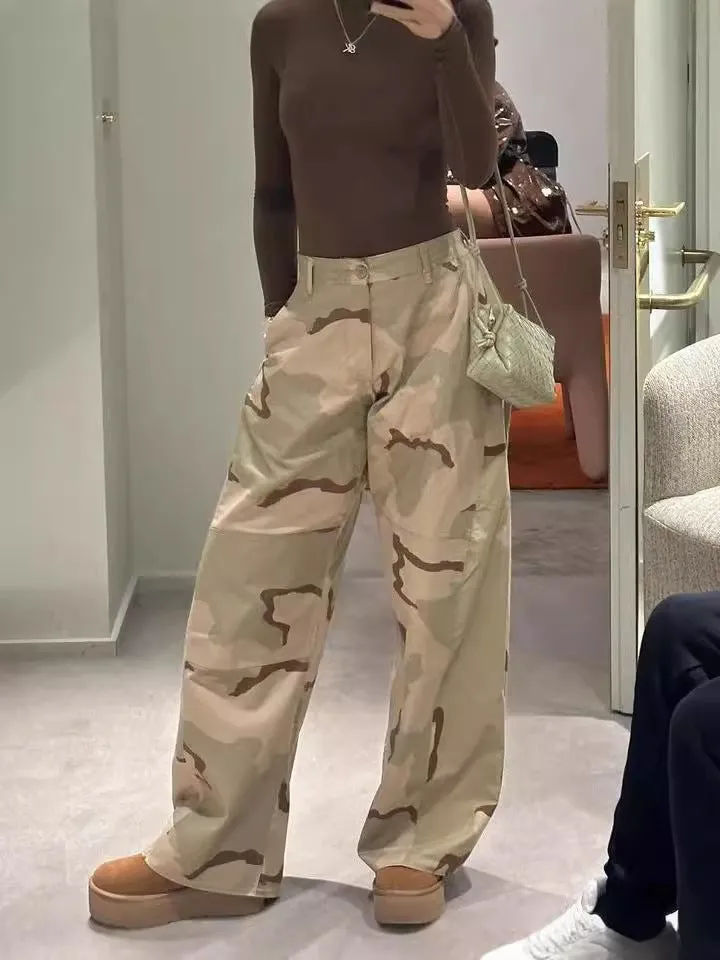 Retro Camouflage Wide-Leg High-Waist Cargo Pants