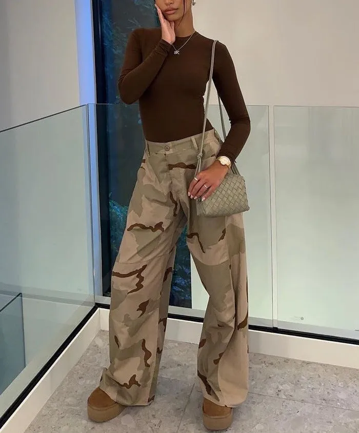 Retro Camouflage Wide-Leg High-Waist Cargo Pants