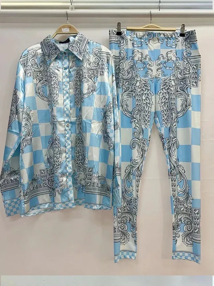 Retro Geometric Print Lapel Loose Shirt Two-piece Set