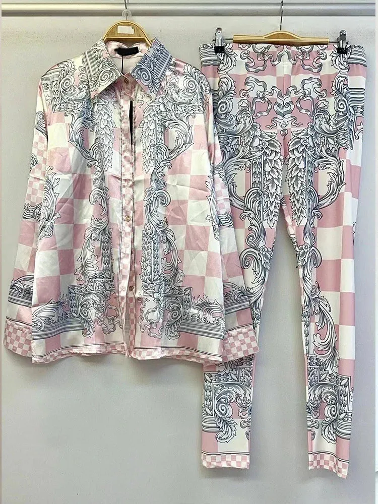 Retro Geometric Print Lapel Loose Shirt Two-piece Set