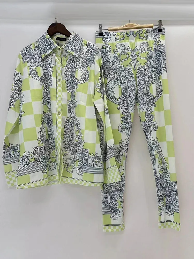 Retro Geometric Print Lapel Loose Shirt Two-piece Set