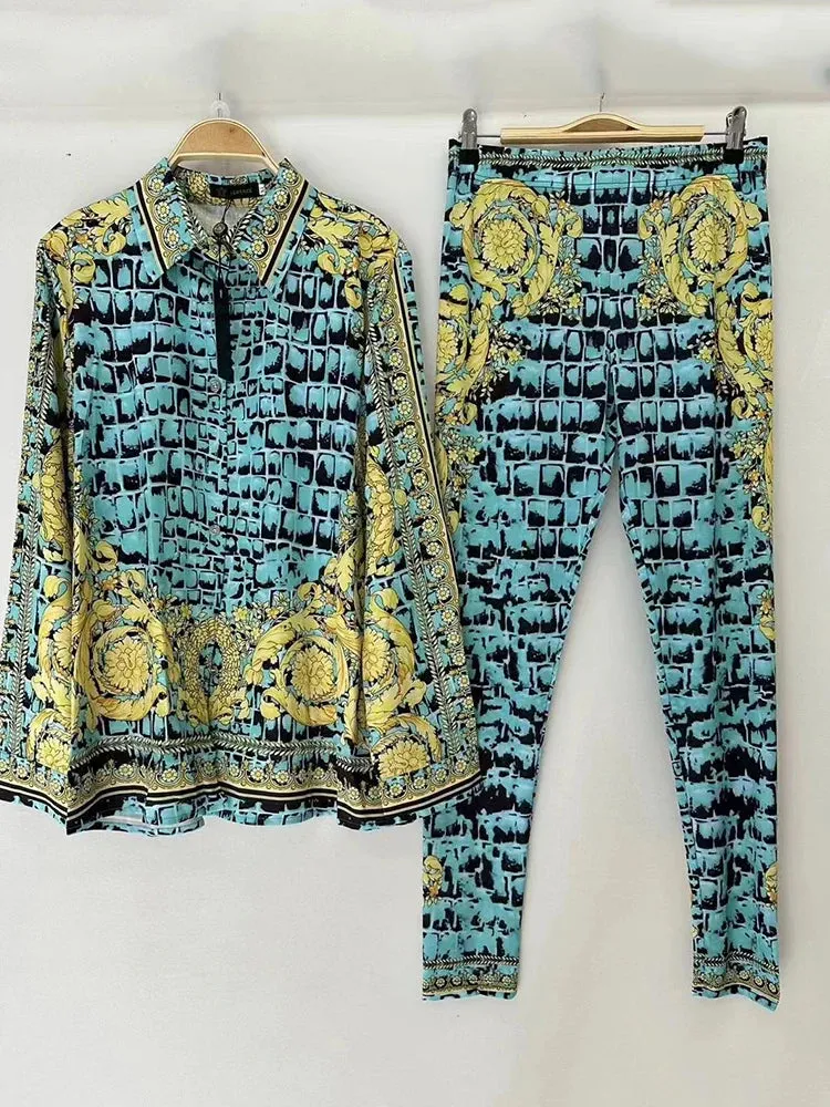 Retro Geometric Print Lapel Loose Shirt Two-piece Set