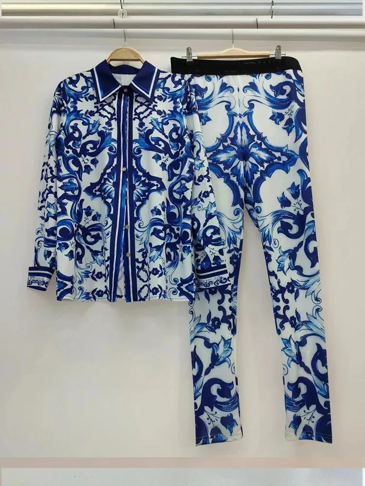 Retro Geometric Print Lapel Loose Shirt Two-piece Set