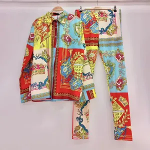 Retro Geometric Print Lapel Loose Shirt Two-piece Set