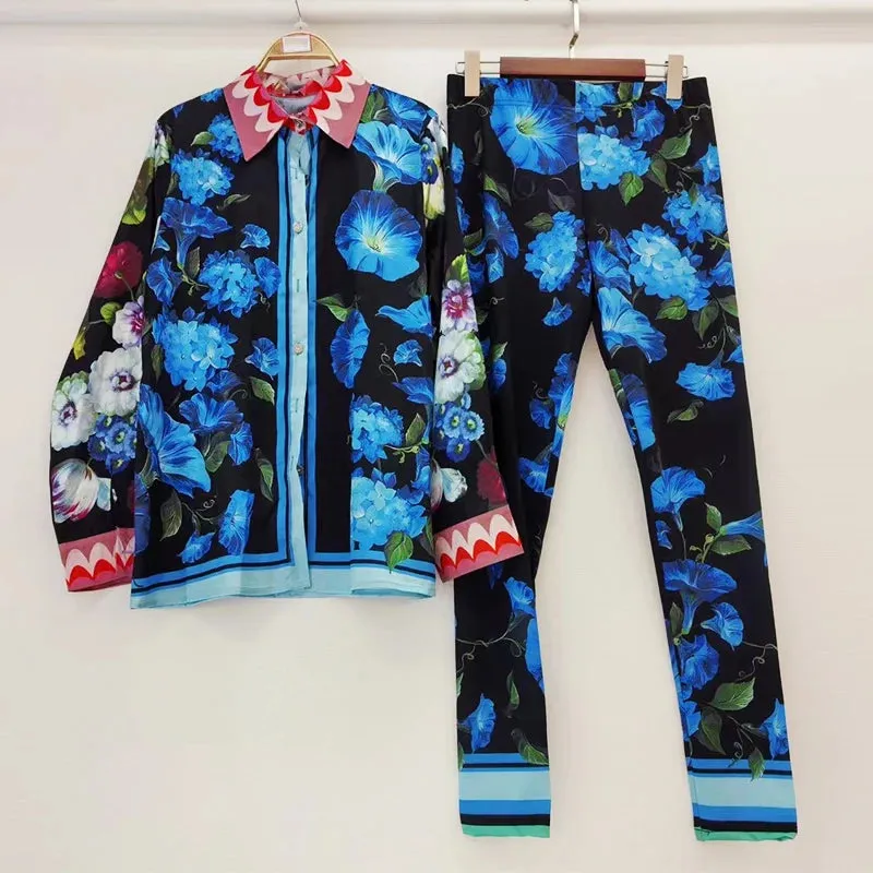 Retro Geometric Print Lapel Loose Shirt Two-piece Set