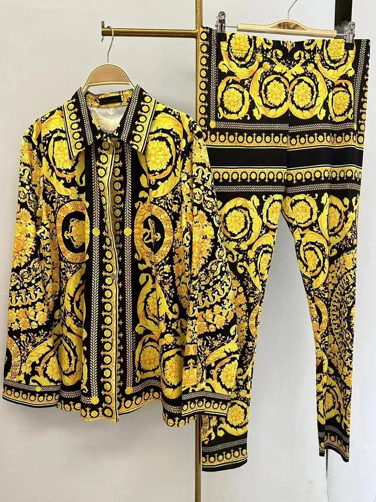 Retro Geometric Print Lapel Loose Shirt Two-piece Set