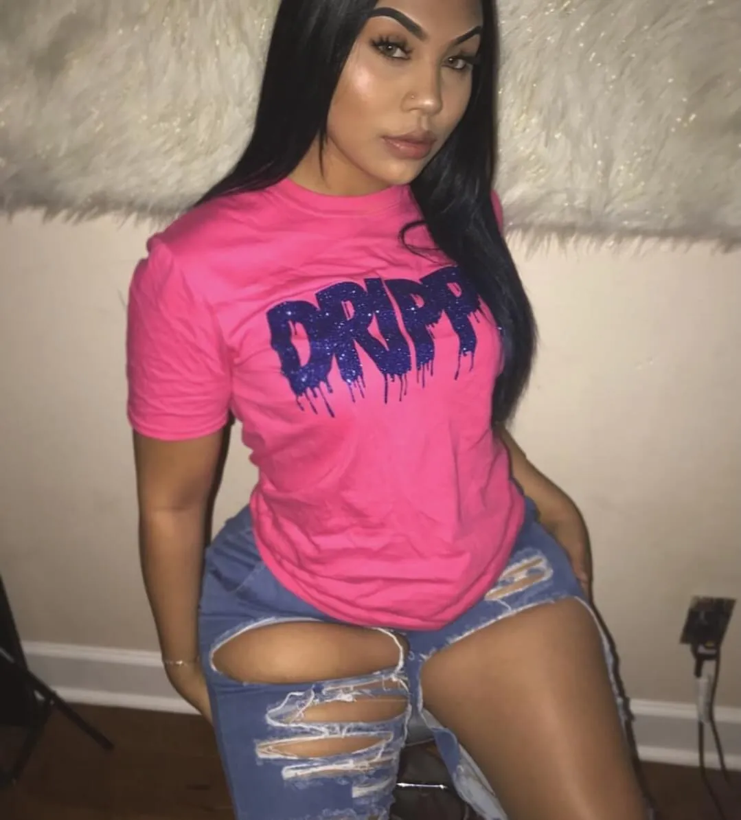 Royal Blue Glitter Drippin | Pink Tee