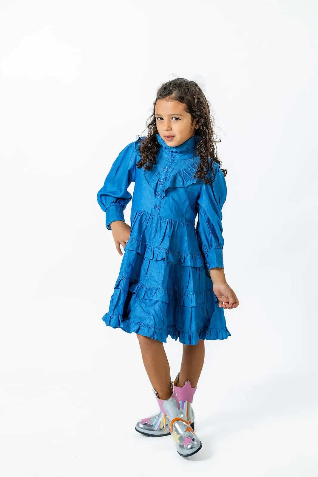 Ruffle Sleeve Denim Dress for Girls - Stylish Fall Fashion for Ages 2-12