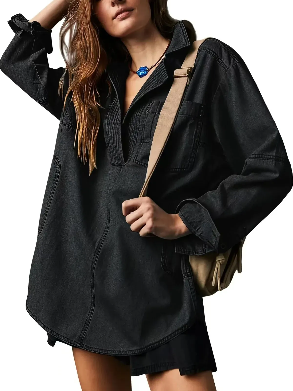 Sable Oversized Long Sleeve Denim Pullover Shirt
