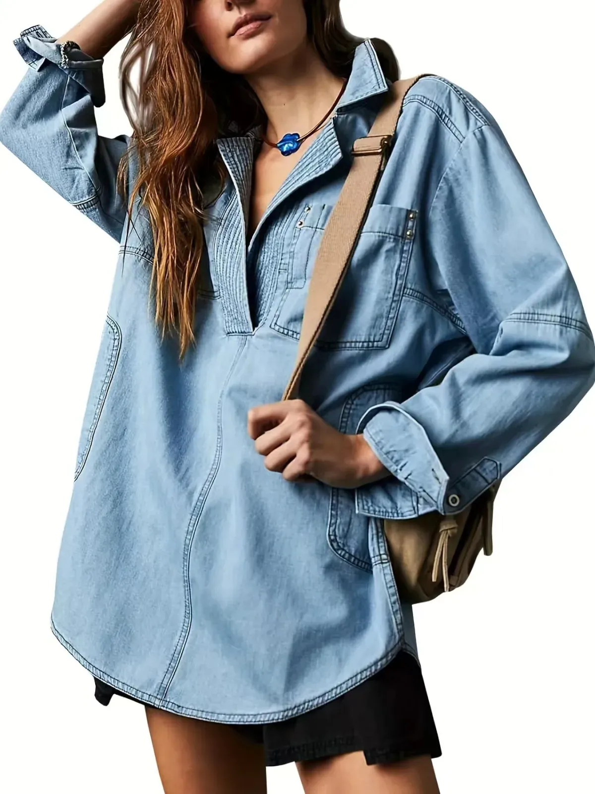 Sable Oversized Long Sleeve Denim Pullover Shirt
