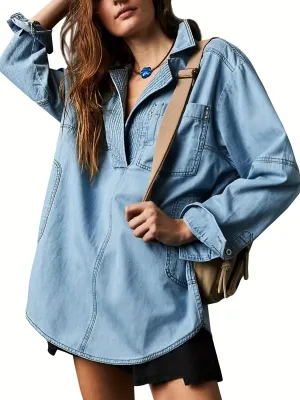 Sable Oversized Long Sleeve Denim Pullover Shirt