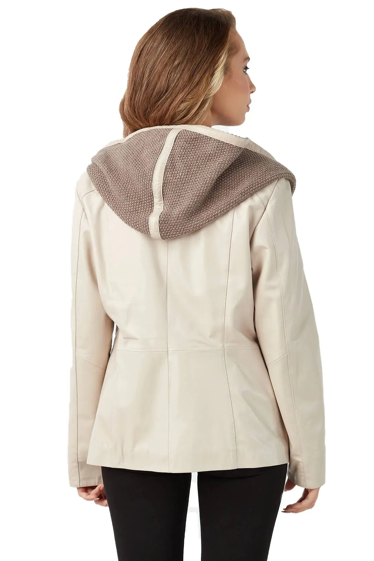 Sandra Beige Hooded Leather Jacket For Women