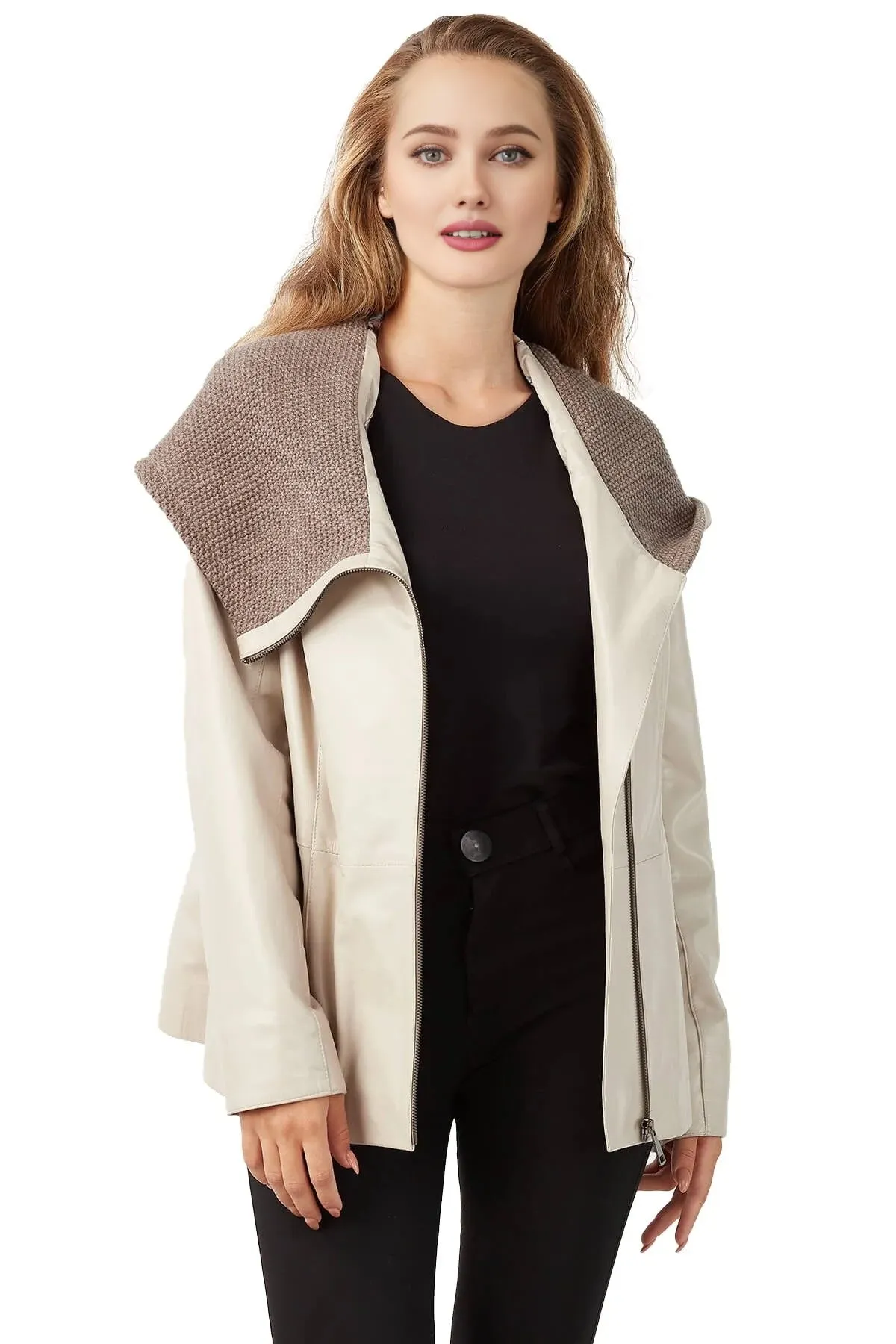 Sandra Beige Hooded Leather Jacket For Women