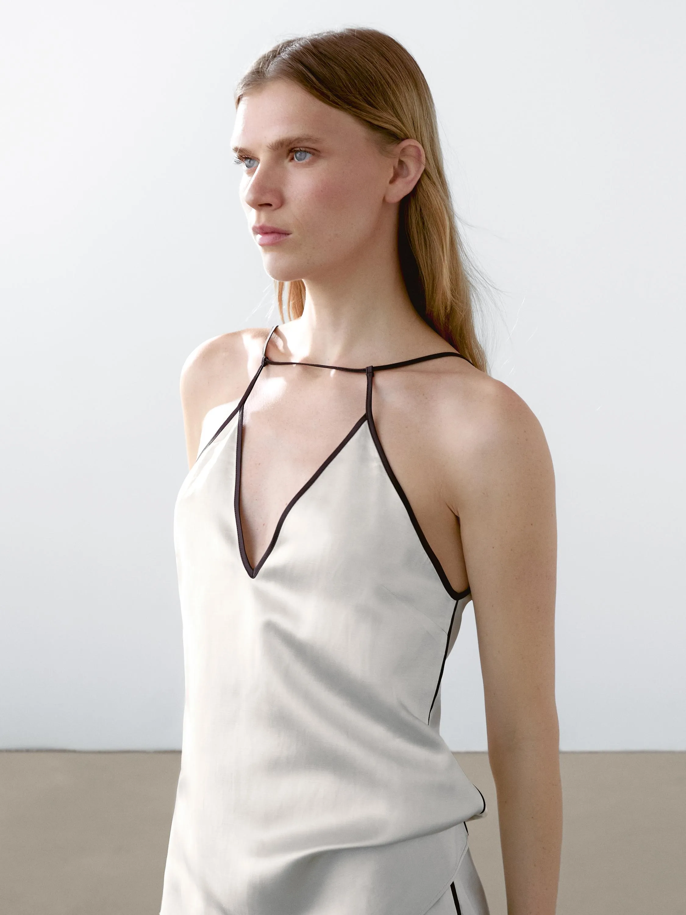 Satin halter top with trims