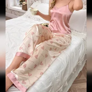 Satin Heart &amp; Letter Print Camisole And Pants Pajama Set