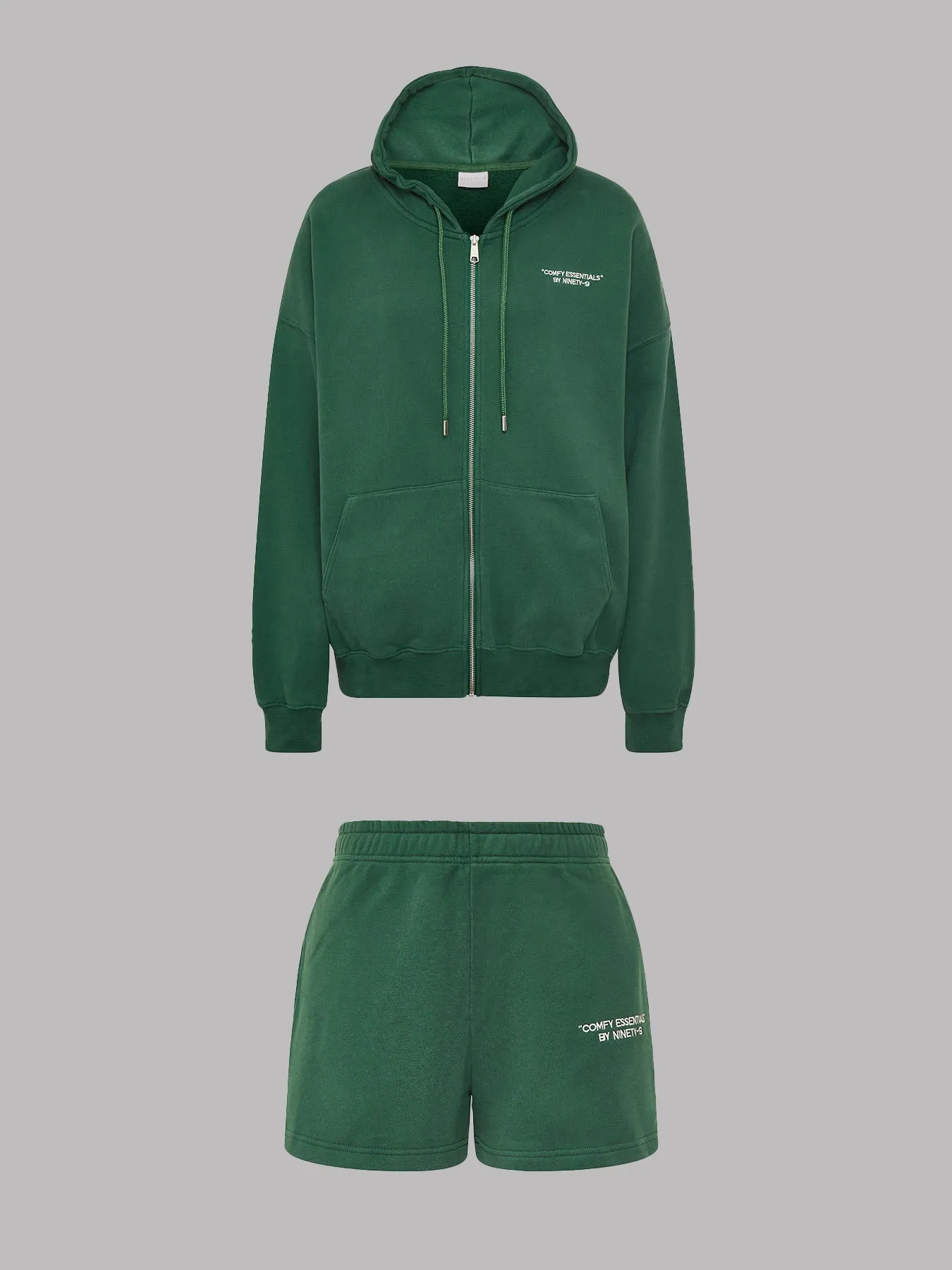 SET - ESSENTIALS - ZIPPER HOODIE AND SHORTS • FOREST GREEN