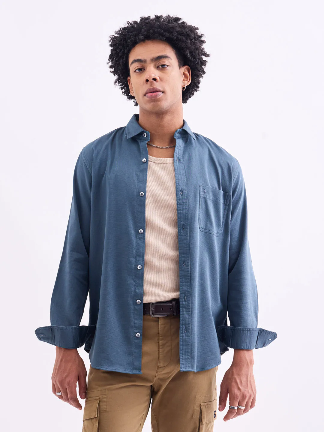 Slate Blue Plain Cotton Stretch Shirt