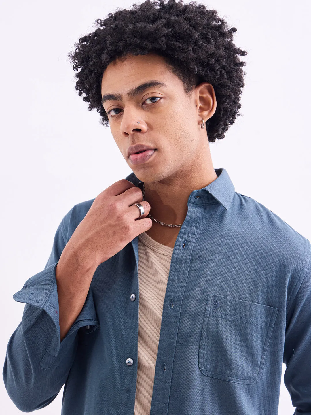 Slate Blue Plain Cotton Stretch Shirt