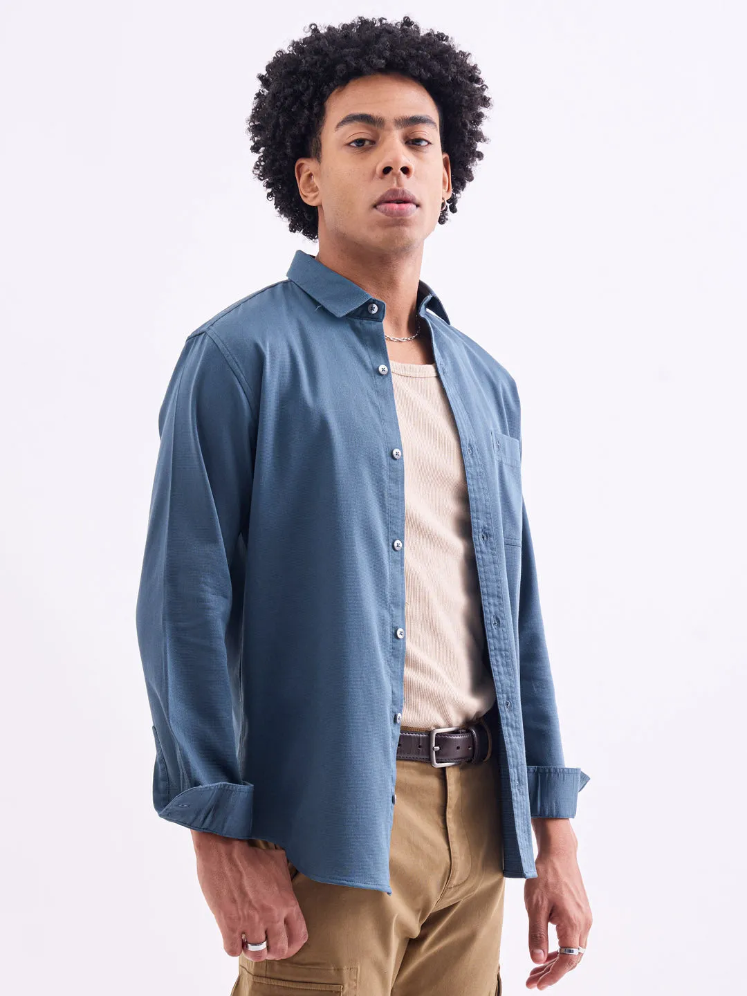 Slate Blue Plain Cotton Stretch Shirt