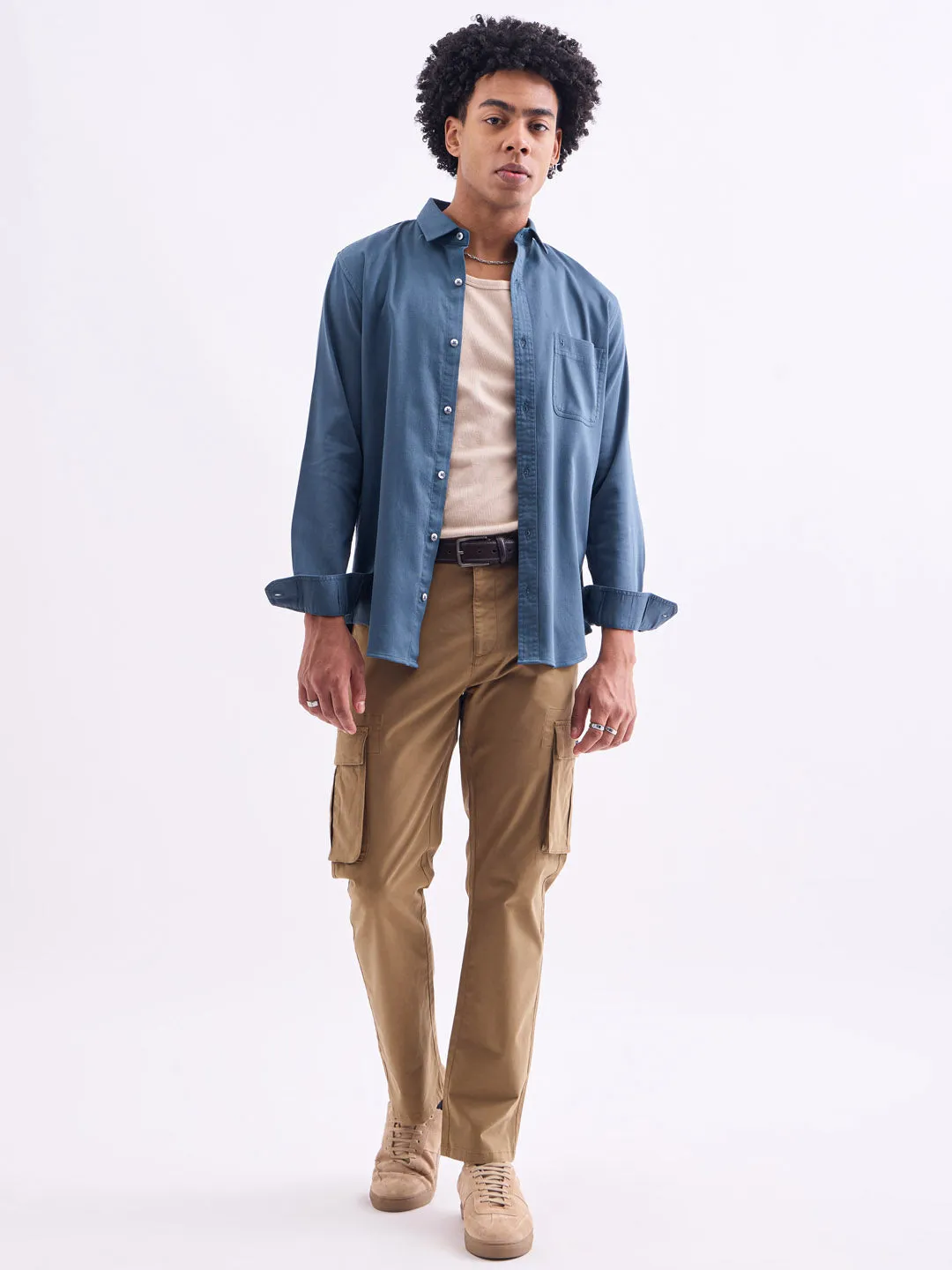 Slate Blue Plain Cotton Stretch Shirt