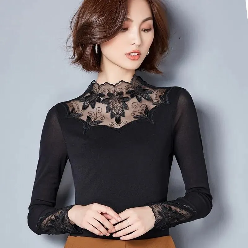 Spring and Autumn Lace Bottoming Shirt Women's Long Sleeve Half Turtleneck Slim Top