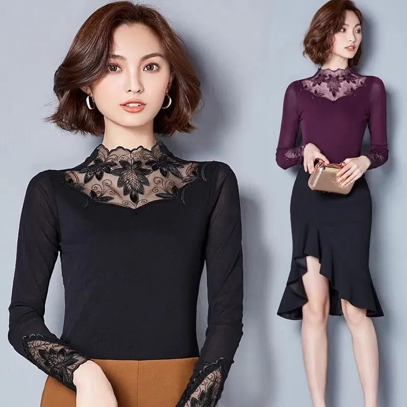 Spring and Autumn Lace Bottoming Shirt Women's Long Sleeve Half Turtleneck Slim Top