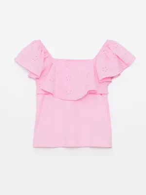 Square Neck Scallop Detailed Girls T-Shirt