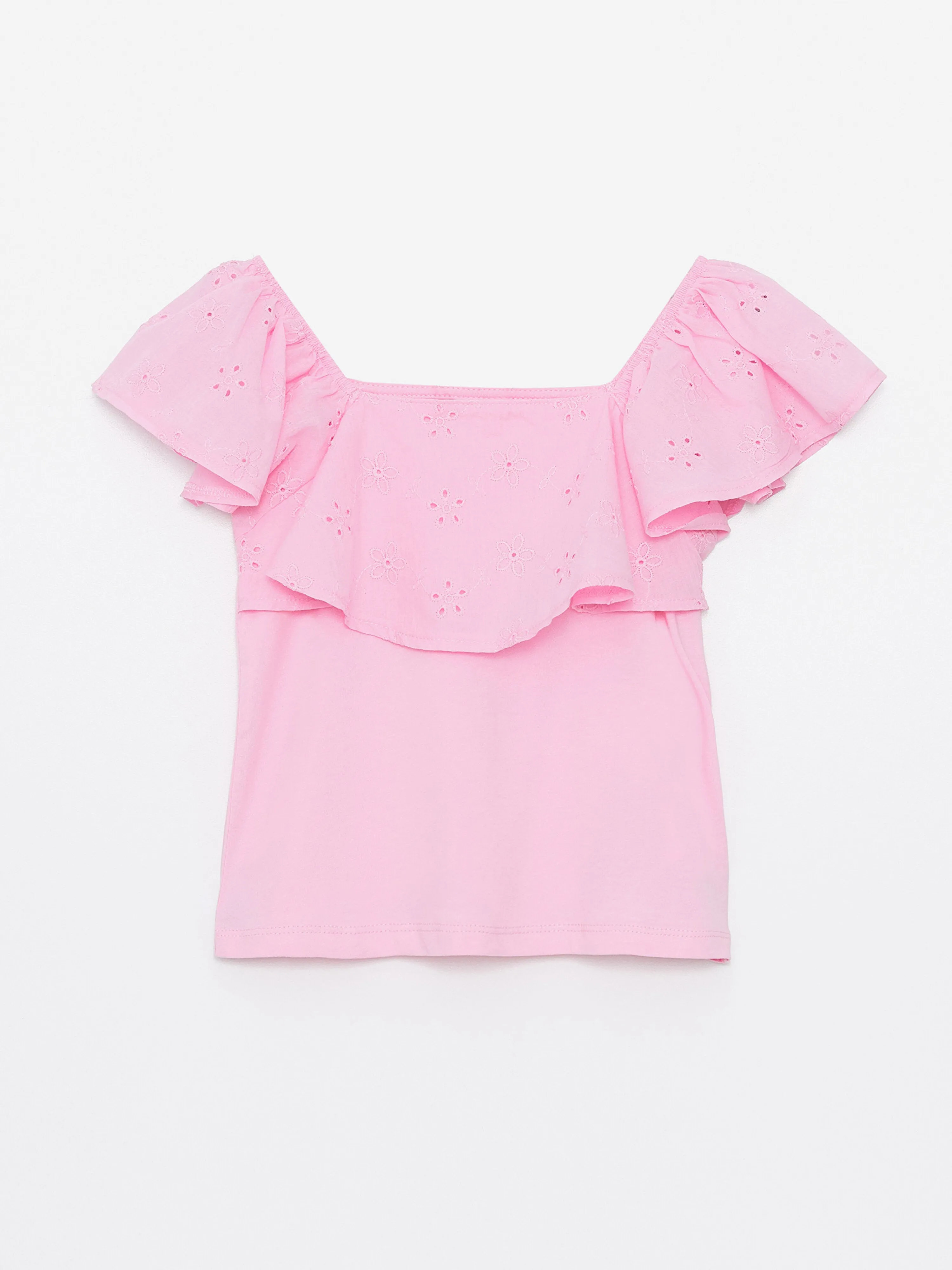 Square Neck Scallop Detailed Girls T-Shirt