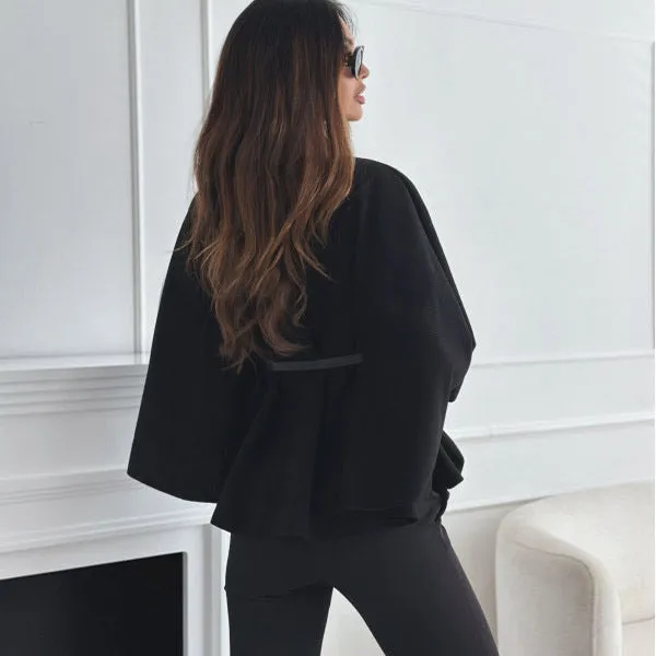 Stand Collar Batwing Sleeves Jacket with Belt