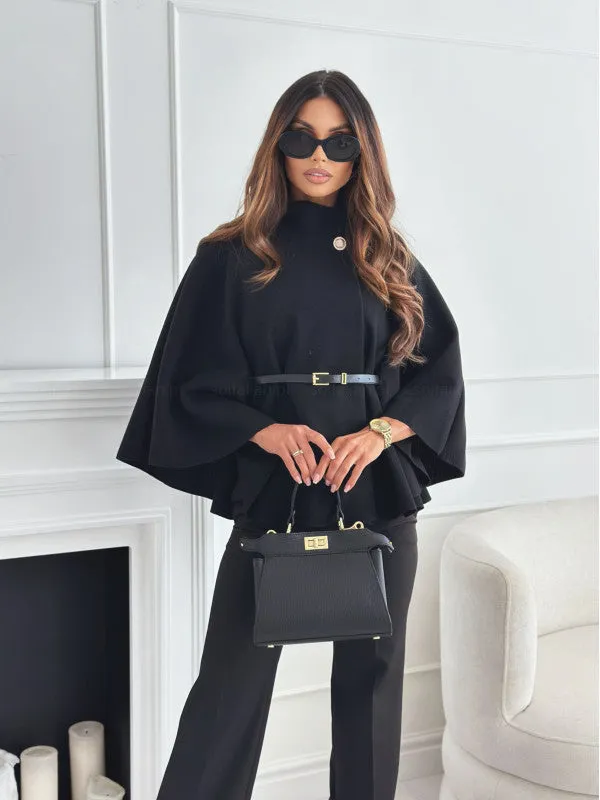Stand Collar Batwing Sleeves Jacket with Belt