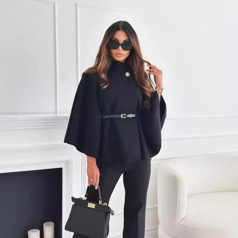 Stand Collar Batwing Sleeves Jacket with Belt