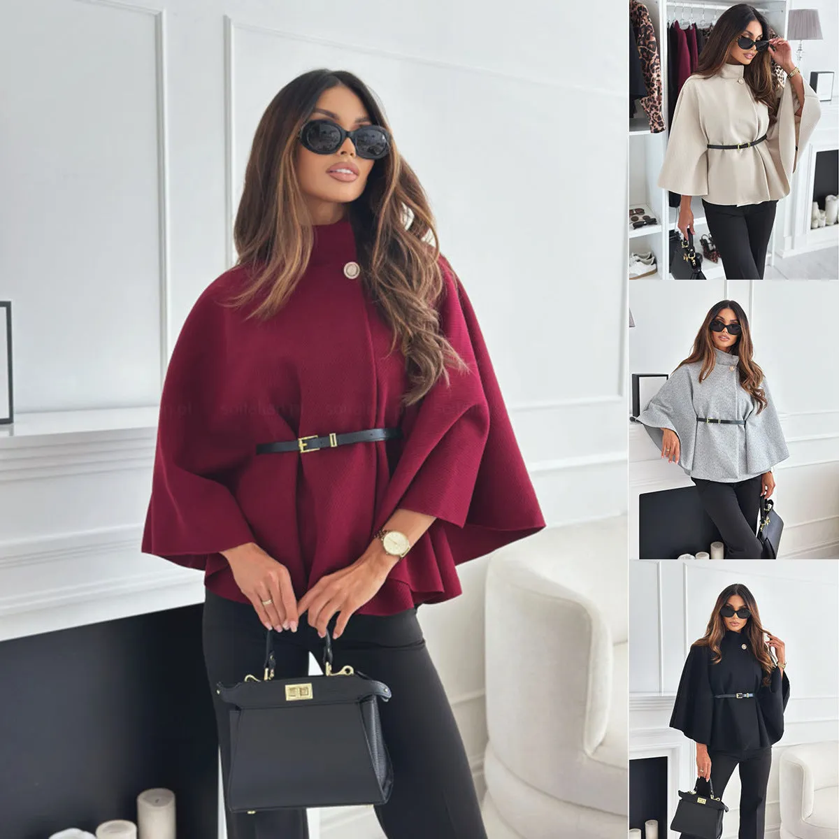 Stand Collar Batwing Sleeves Jacket with Belt