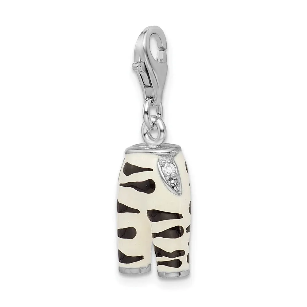 Sterling Silver Amore La Vita Rhodium-pl CZ Enameled Zebra Pants Charm