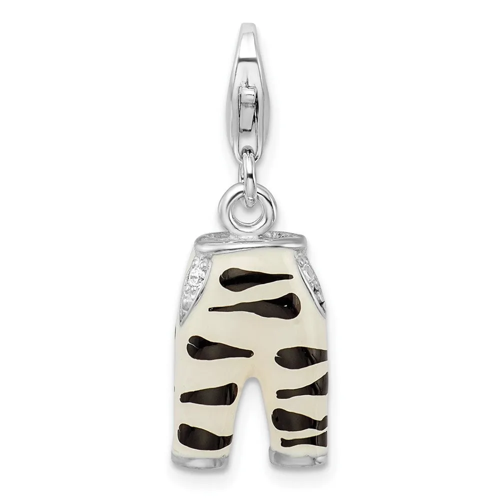 Sterling Silver Amore La Vita Rhodium-pl CZ Enameled Zebra Pants Charm