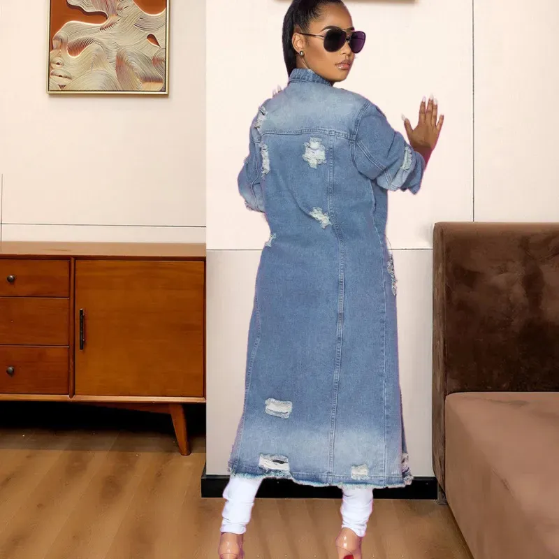 StrutLine Distressed Longline Button-Up Long Sleeve Denim Jacket