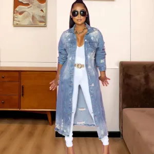 StrutLine Distressed Longline Button-Up Long Sleeve Denim Jacket