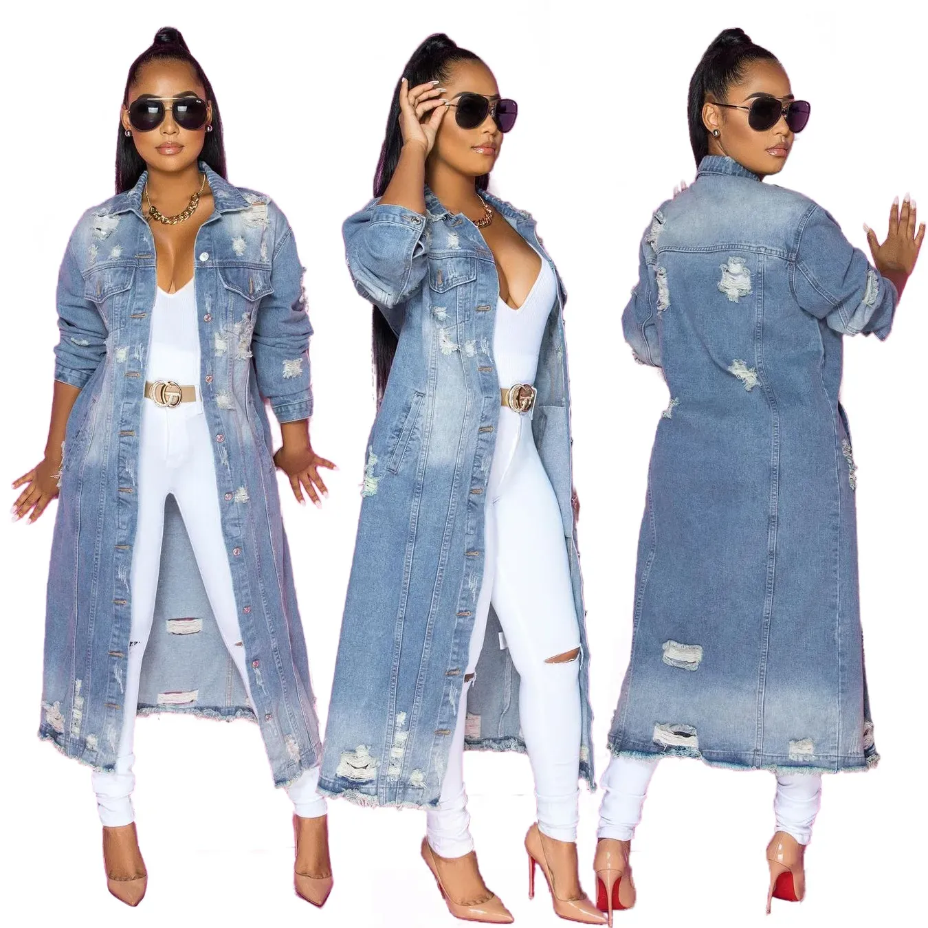StrutLine Distressed Longline Button-Up Long Sleeve Denim Jacket