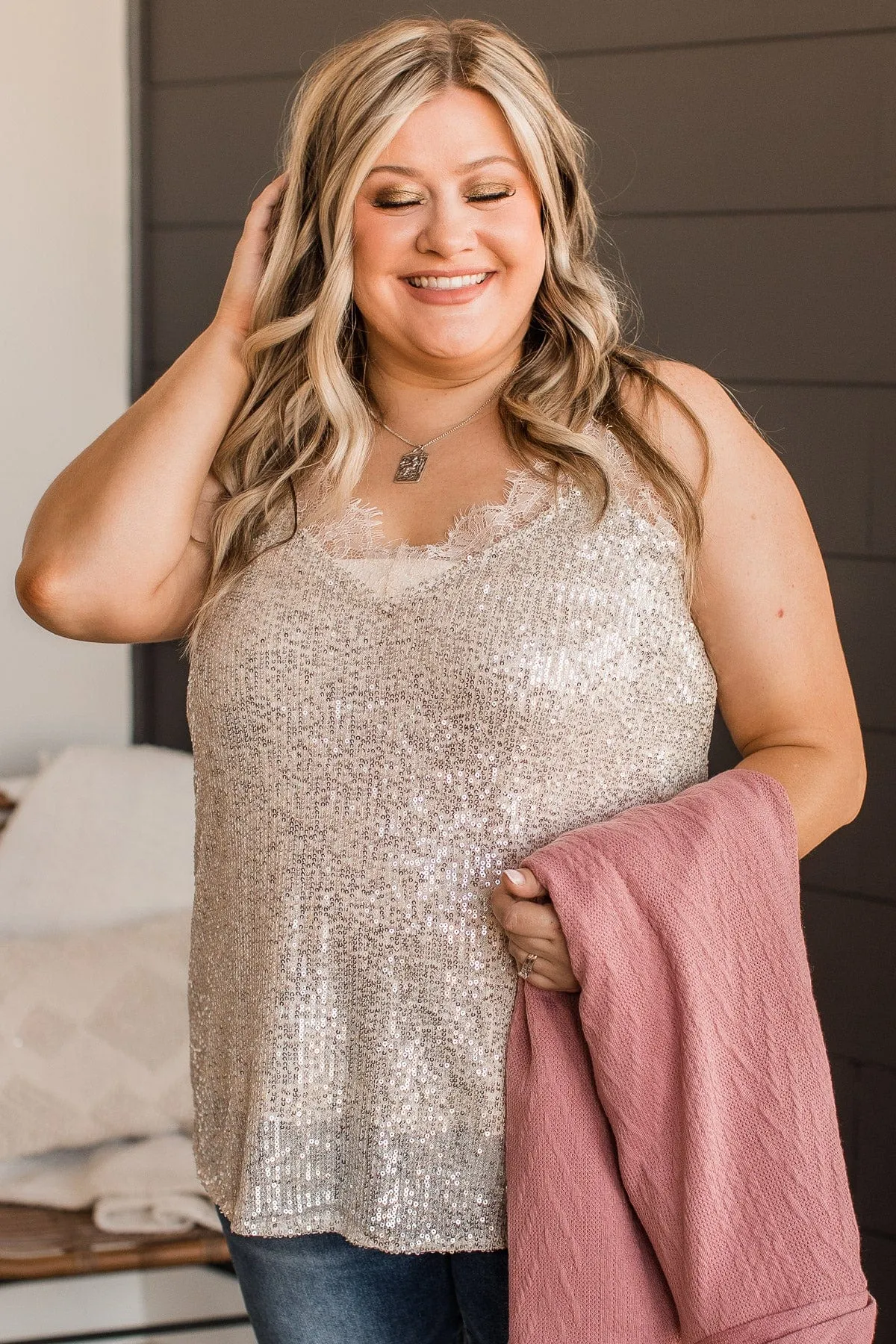 Stunning In Sequins Tank Top- Champagne