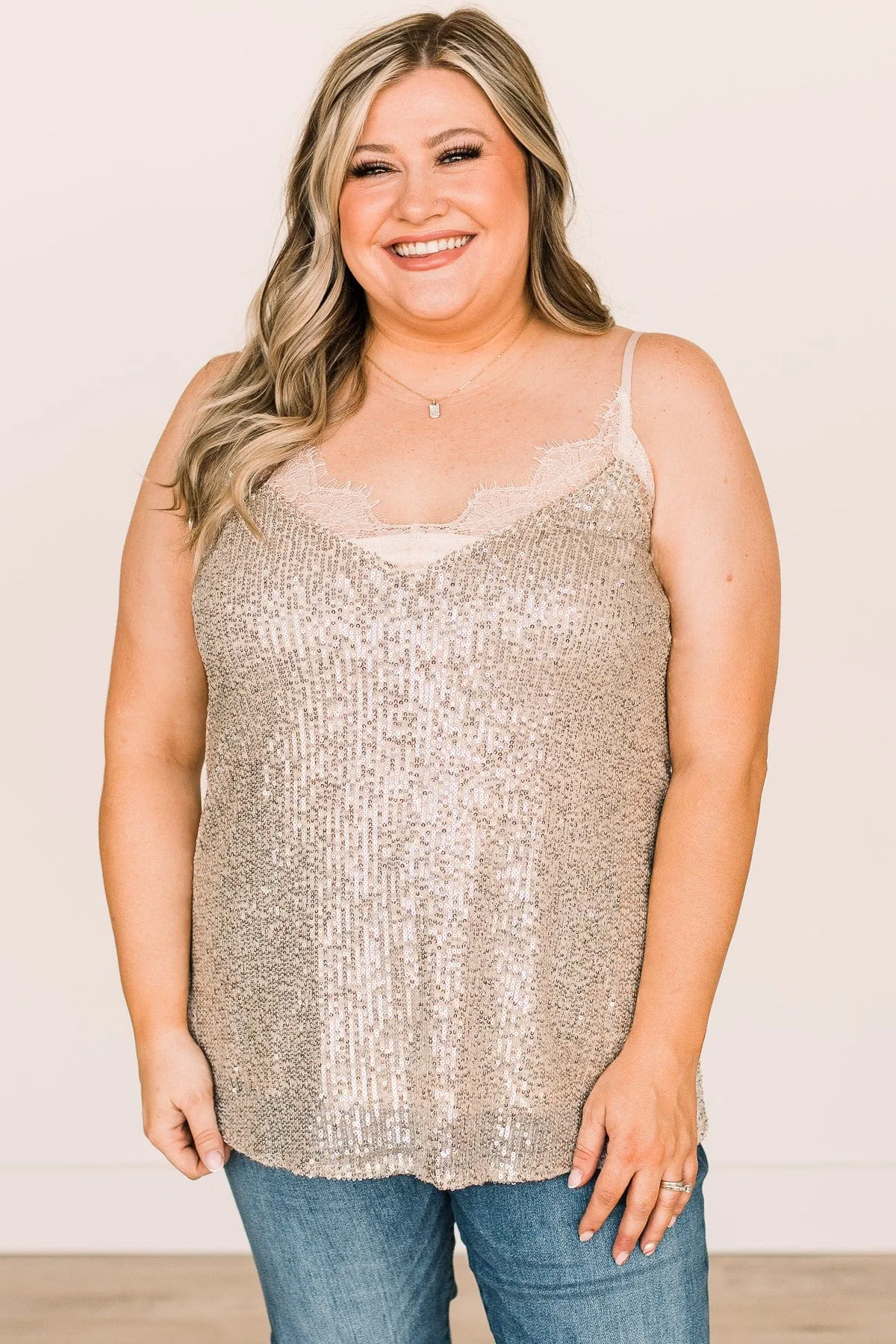 Stunning In Sequins Tank Top- Champagne