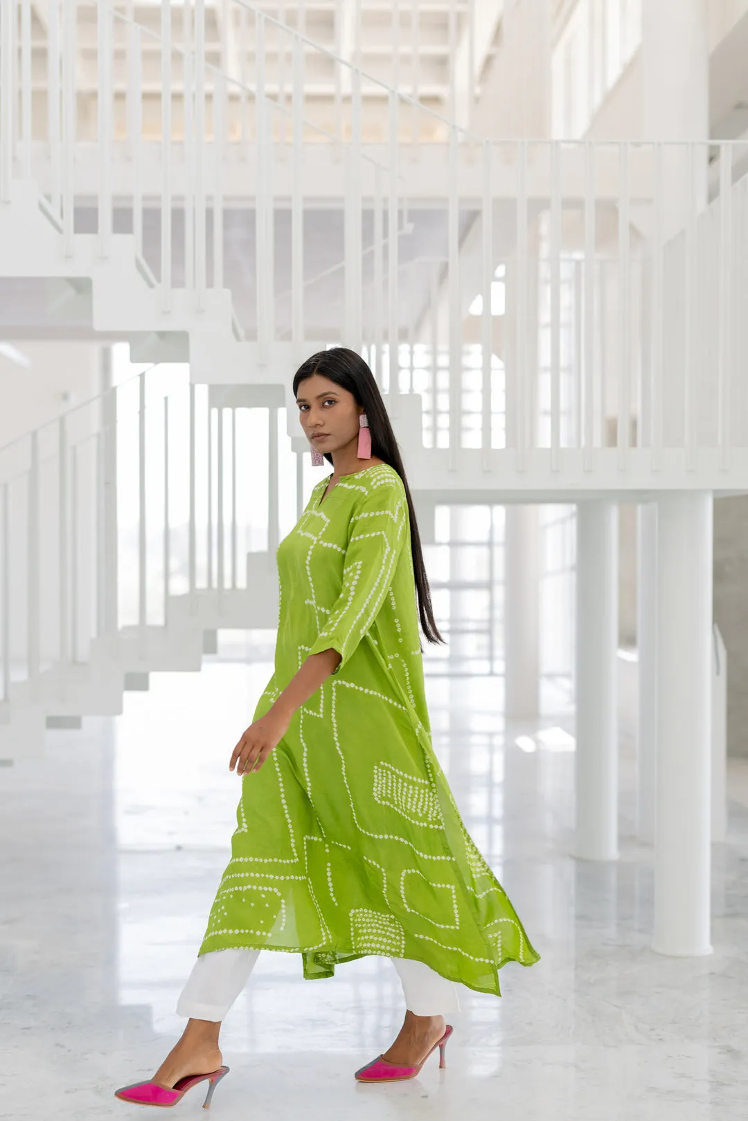 Terra Green Bandhej Silk Kurta Set