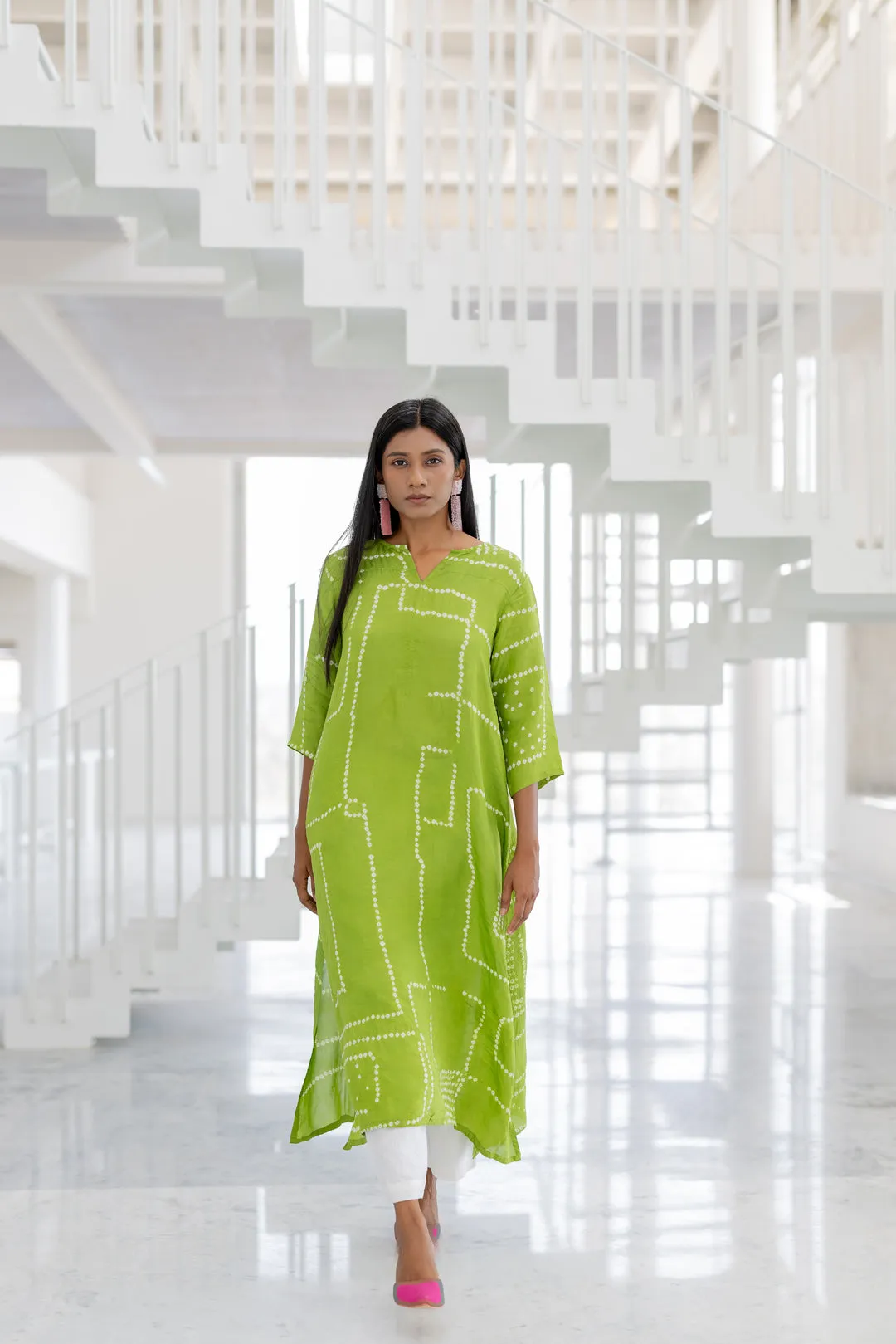 Terra Green Bandhej Silk Kurta Set