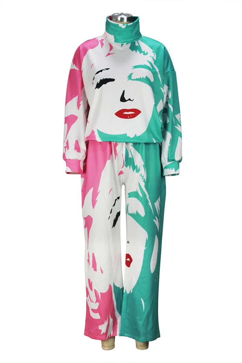 UG742 Graphic Turtleneck Top and Pants Set