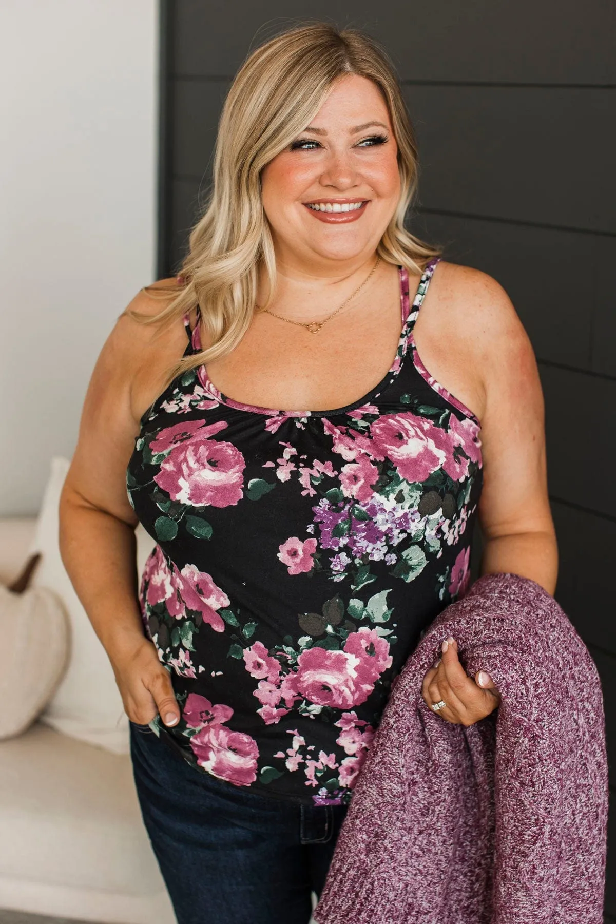 Undeniable Presence Floral Tank Top- Black & Mauve