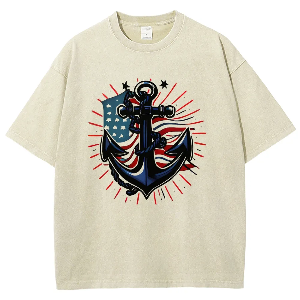 Unisex American Flag And Anchor Graphic Vintage Washed Tee