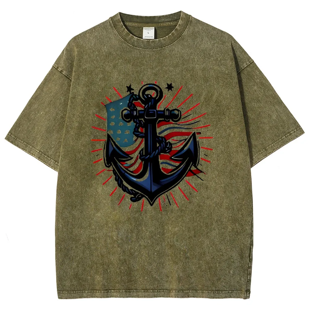 Unisex American Flag And Anchor Graphic Vintage Washed Tee