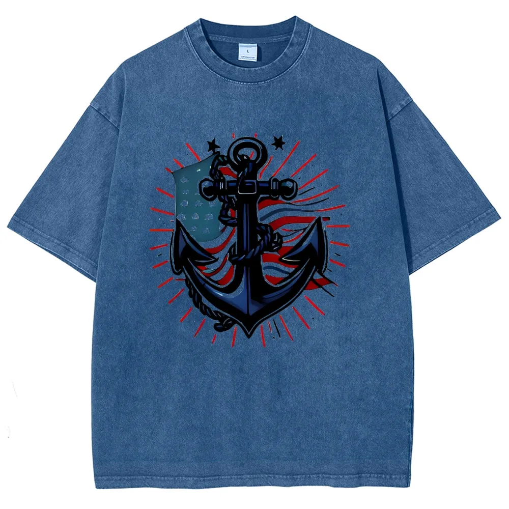 Unisex American Flag And Anchor Graphic Vintage Washed Tee