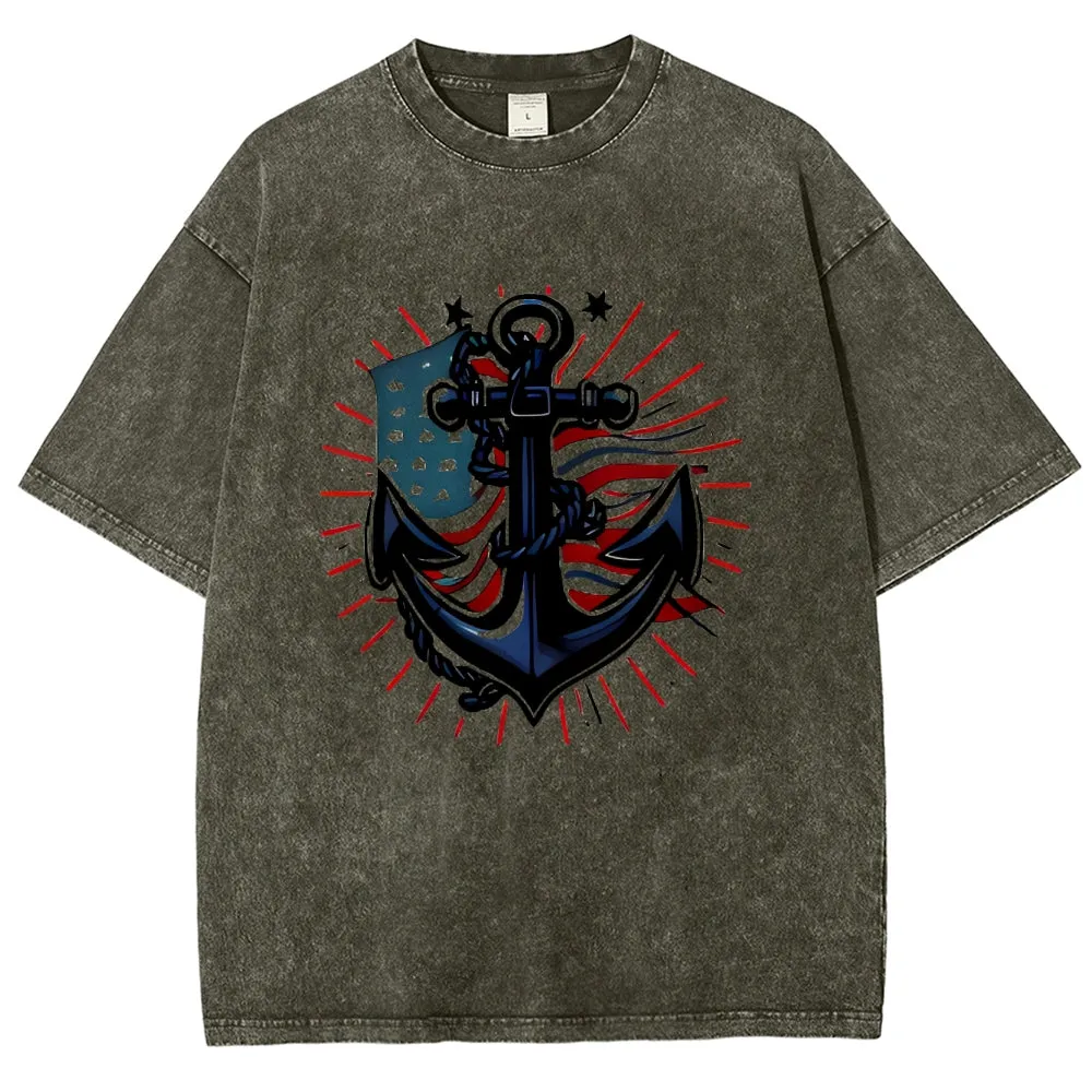 Unisex American Flag And Anchor Graphic Vintage Washed Tee