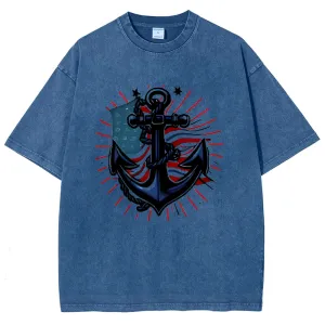 Unisex American Flag And Anchor Graphic Vintage Washed Tee