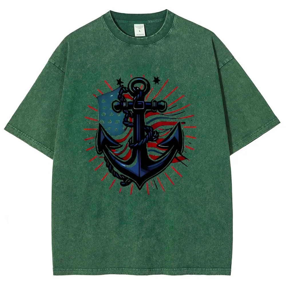 Unisex American Flag And Anchor Graphic Vintage Washed Tee